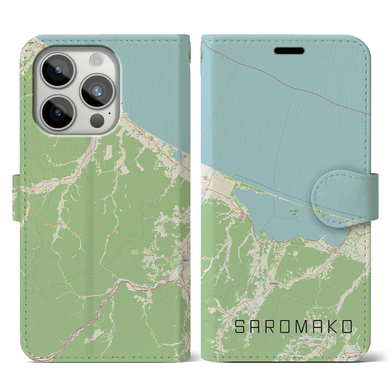 【サロマ湖】地図柄iPhoneケース（手帳両面タイプ・ナチュラル）iPhone 15 Pro 用