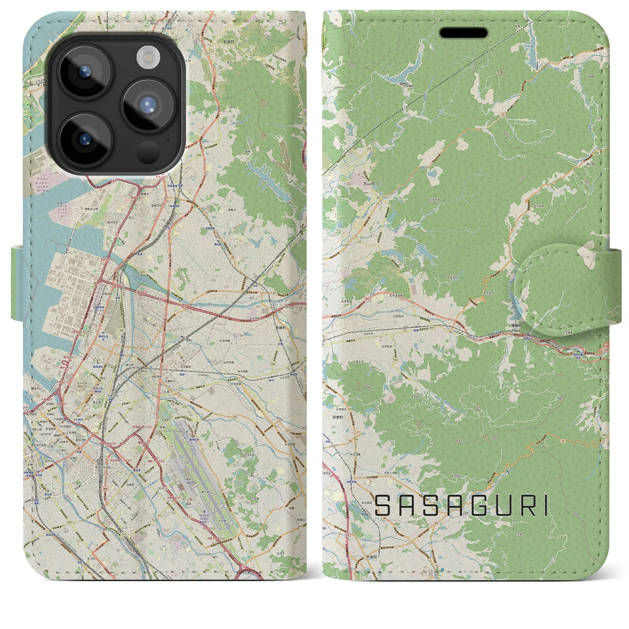 【篠栗】地図柄iPhoneケース（手帳両面タイプ・ナチュラル）iPhone 15 Pro Max 用