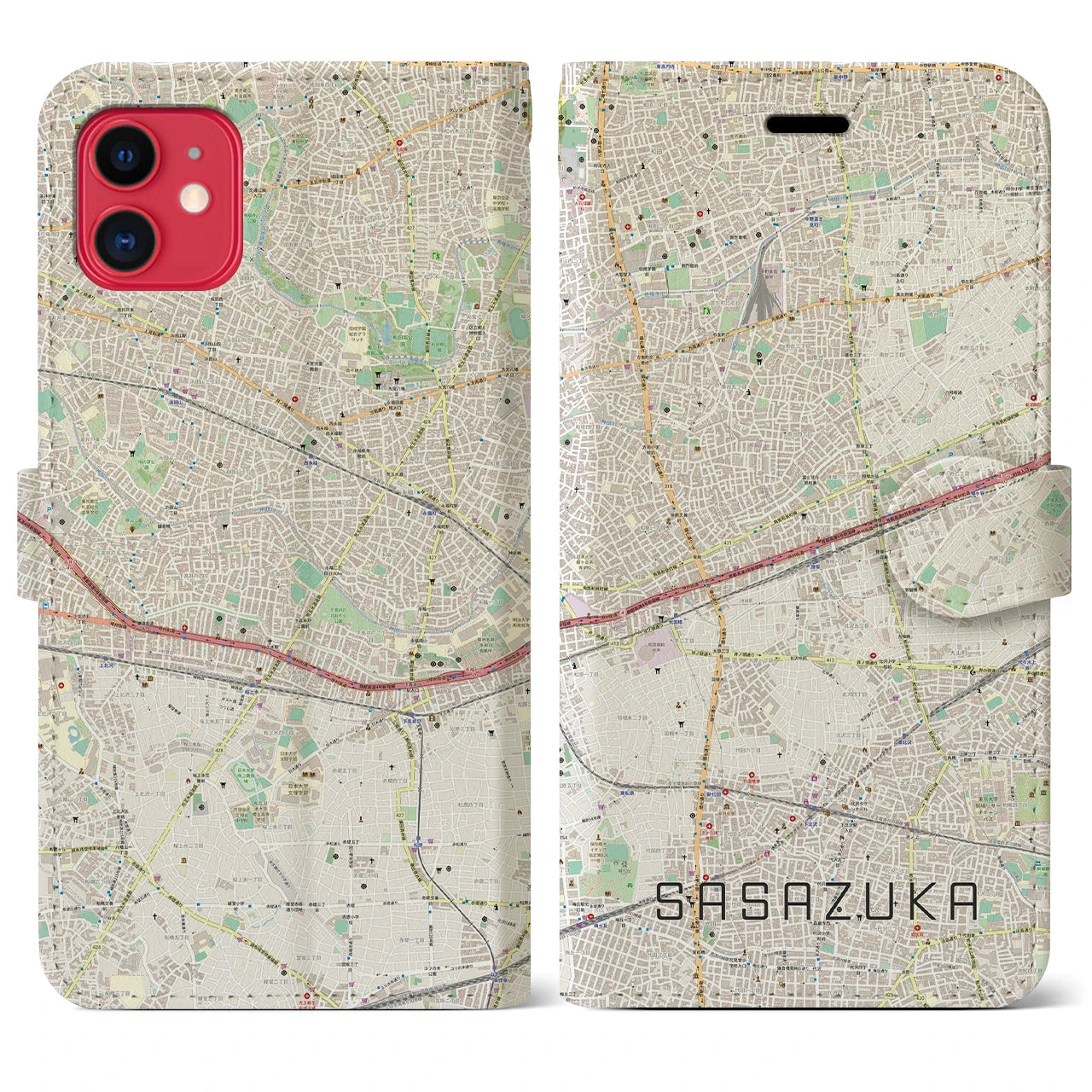 【笹塚】地図柄iPhoneケース（手帳両面タイプ・ナチュラル）iPhone 11 用