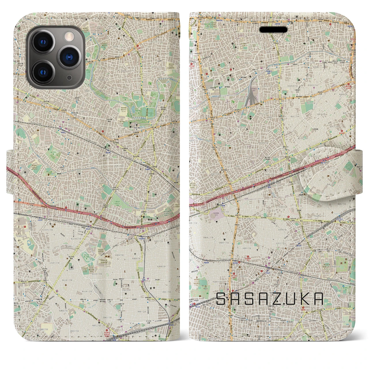 【笹塚】地図柄iPhoneケース（手帳両面タイプ・ナチュラル）iPhone 11 Pro Max 用