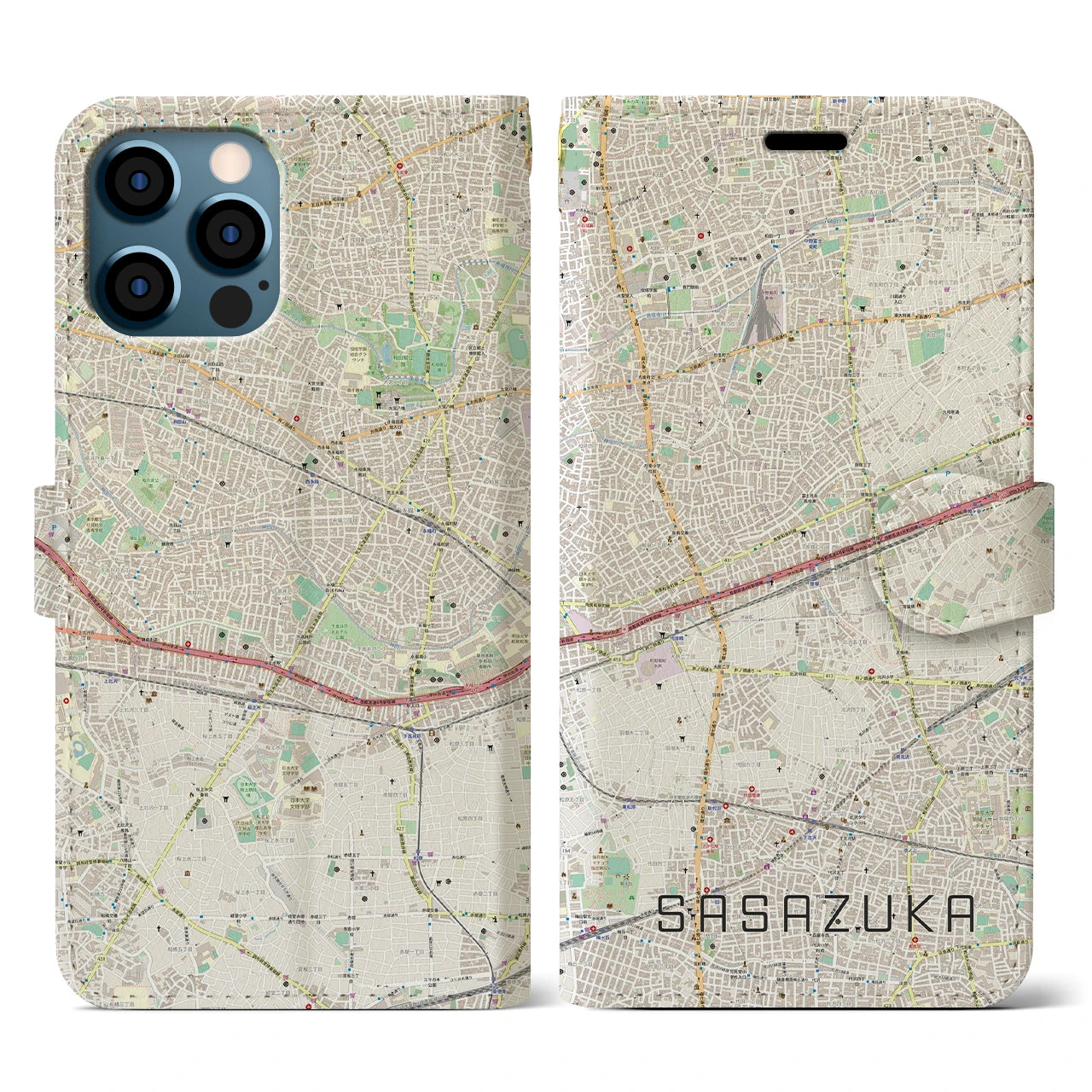 【笹塚】地図柄iPhoneケース（手帳両面タイプ・ナチュラル）iPhone 12 / 12 Pro 用