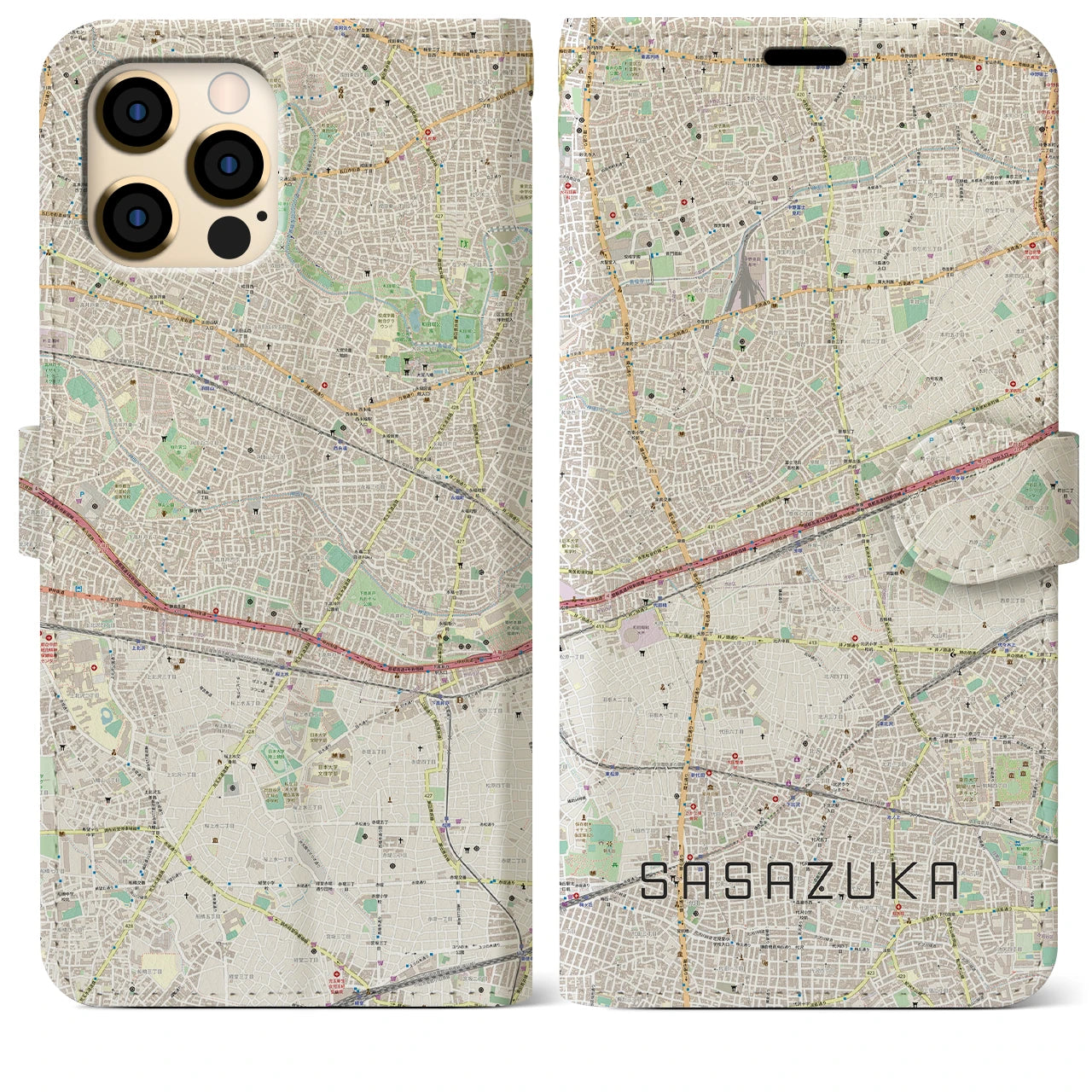 【笹塚】地図柄iPhoneケース（手帳両面タイプ・ナチュラル）iPhone 12 Pro Max 用