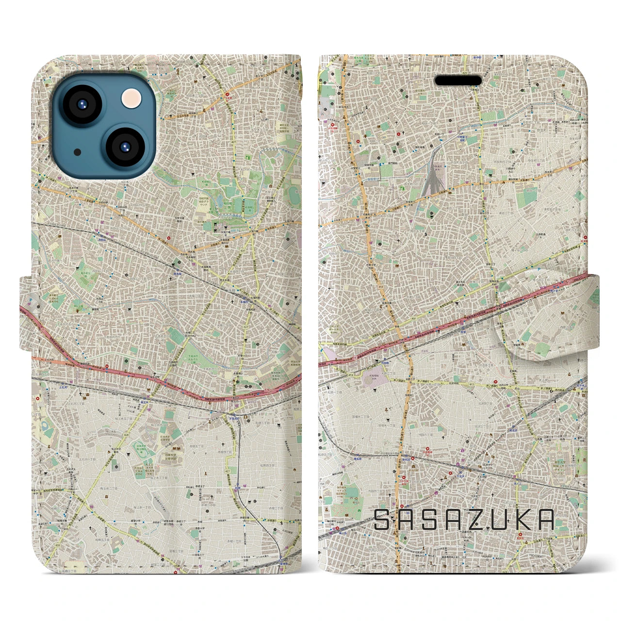 【笹塚】地図柄iPhoneケース（手帳両面タイプ・ナチュラル）iPhone 13 用