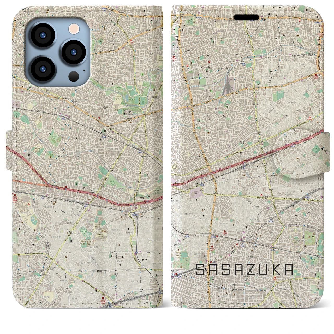 【笹塚】地図柄iPhoneケース（手帳両面タイプ・ナチュラル）iPhone 13 Pro Max 用