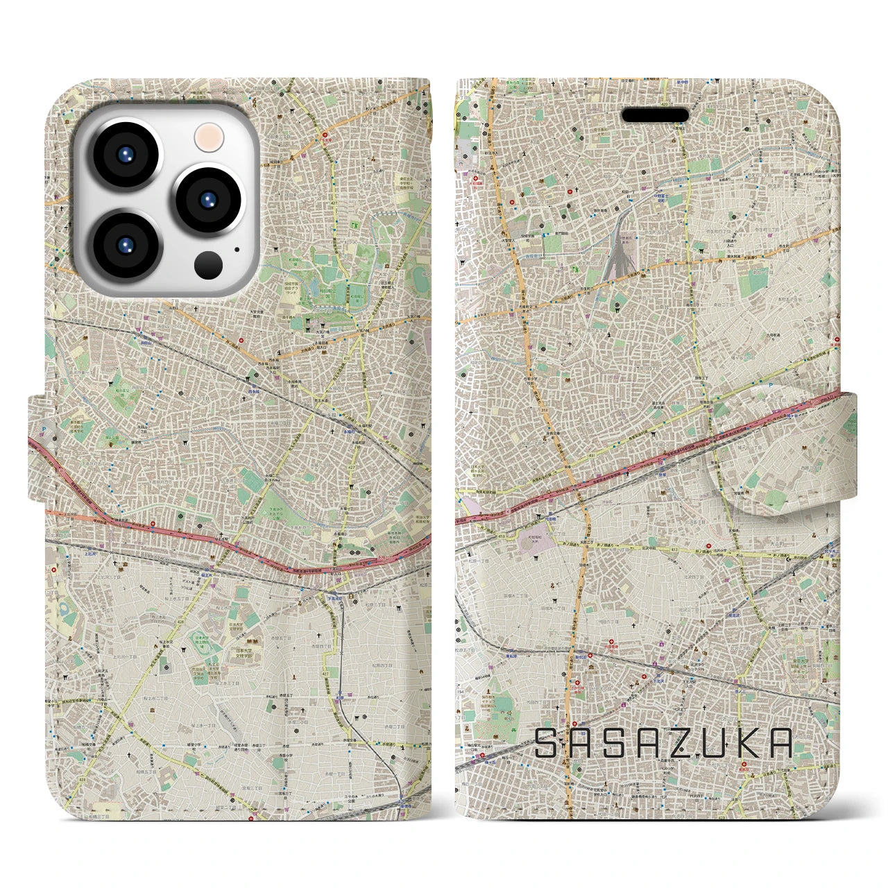 【笹塚】地図柄iPhoneケース（手帳両面タイプ・ナチュラル）iPhone 13 Pro 用