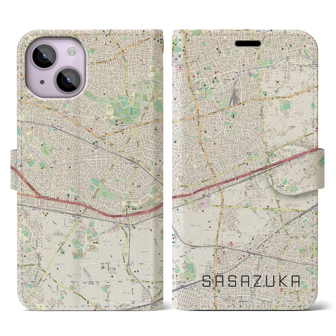 【笹塚】地図柄iPhoneケース（手帳両面タイプ・ナチュラル）iPhone 14 用