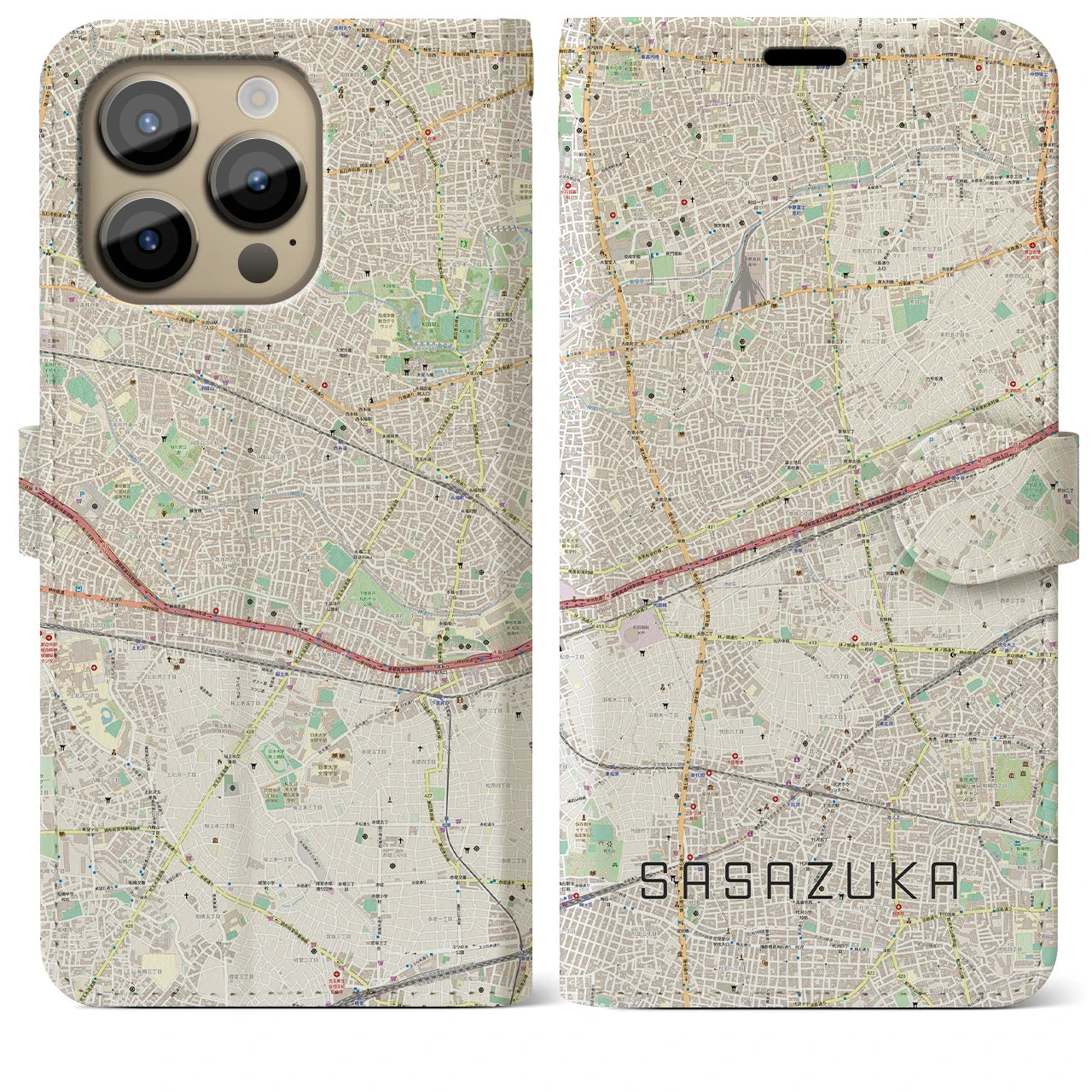 【笹塚】地図柄iPhoneケース（手帳両面タイプ・ナチュラル）iPhone 14 Pro Max 用