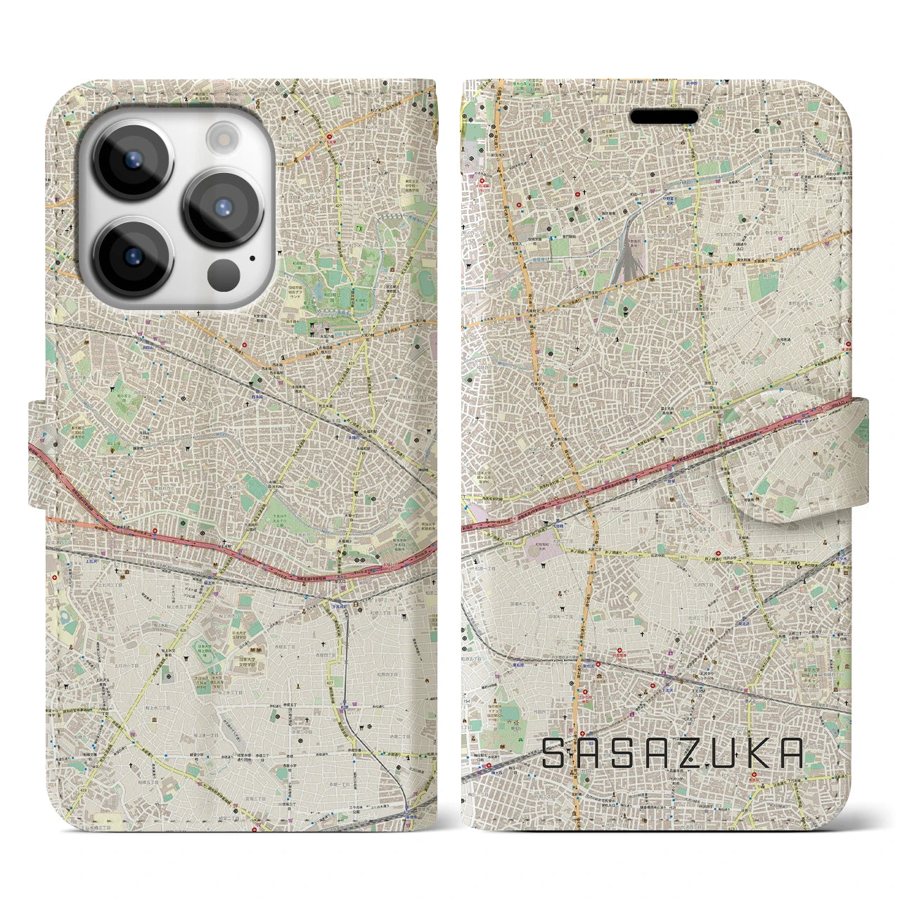【笹塚】地図柄iPhoneケース（手帳両面タイプ・ナチュラル）iPhone 14 Pro 用