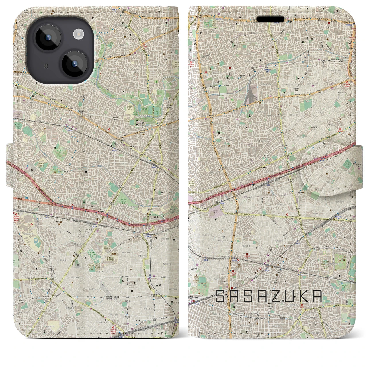 【笹塚】地図柄iPhoneケース（手帳両面タイプ・ナチュラル）iPhone 14 Plus 用