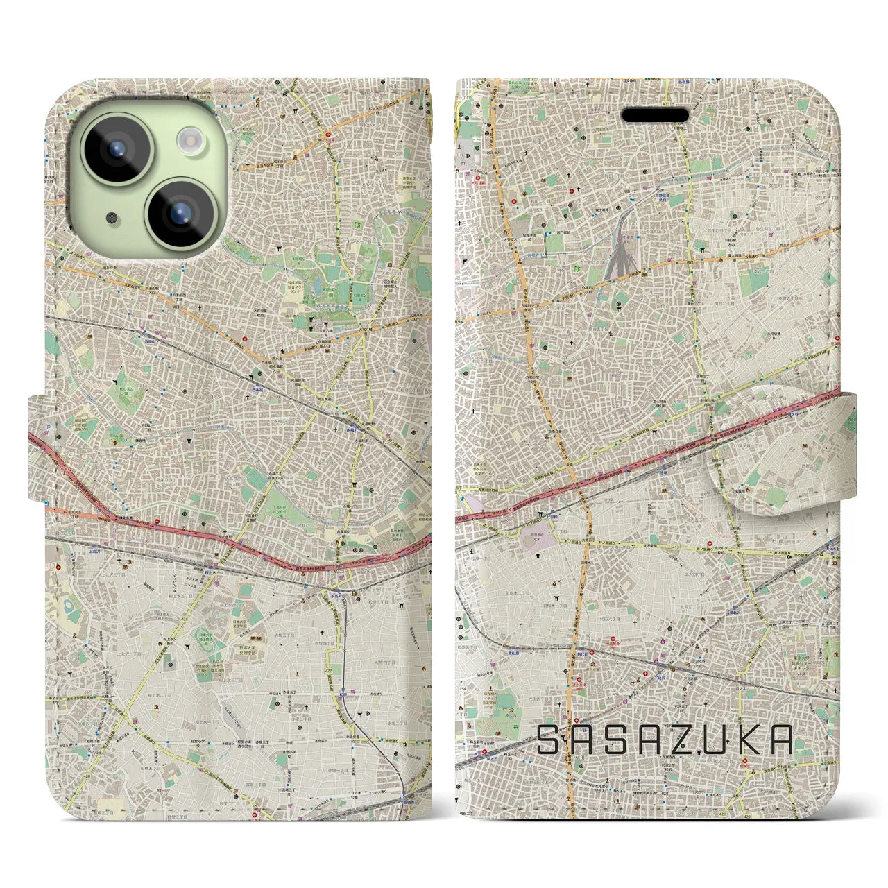 【笹塚】地図柄iPhoneケース（手帳両面タイプ・ナチュラル）iPhone 15 用