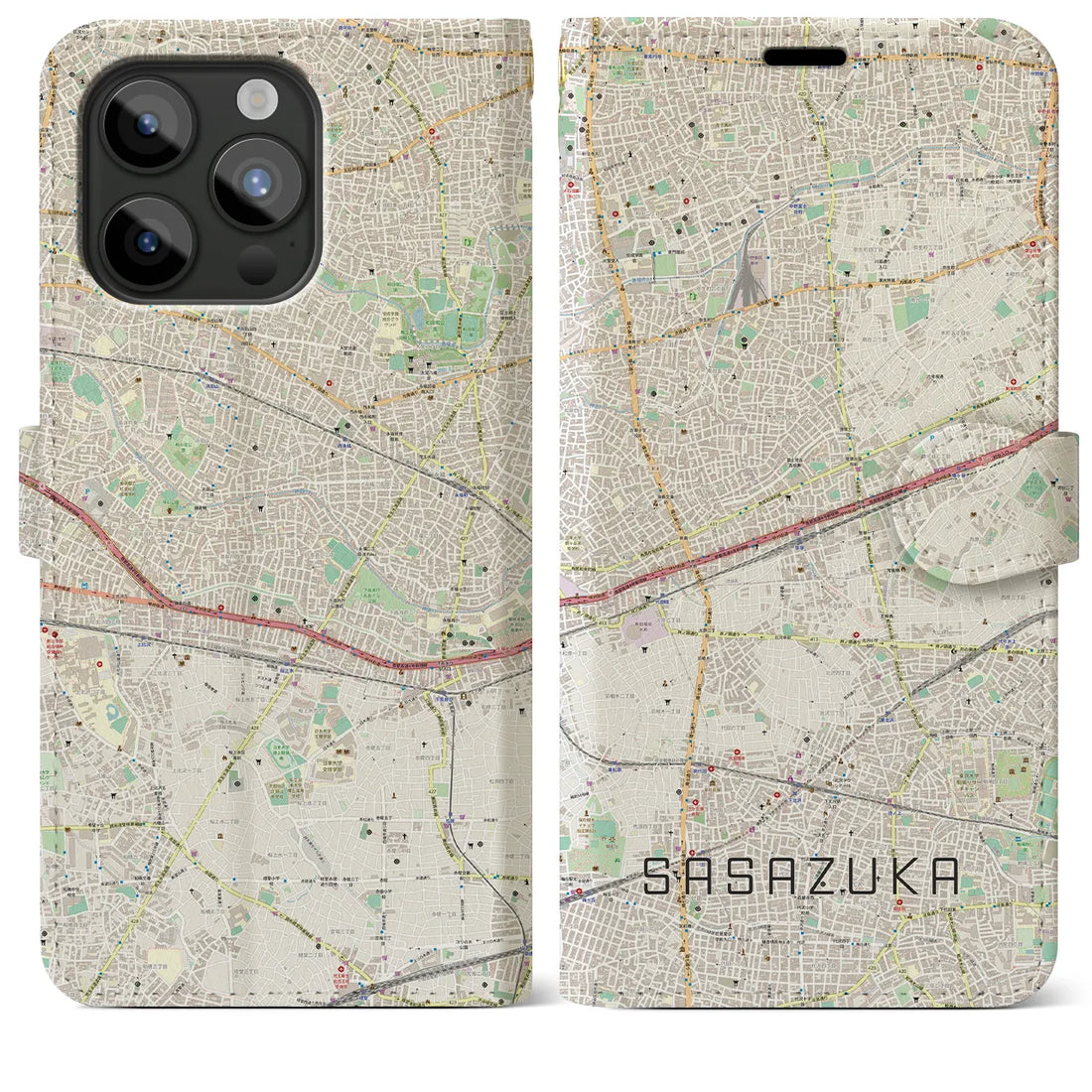 【笹塚】地図柄iPhoneケース（手帳両面タイプ・ナチュラル）iPhone 15 Pro Max 用