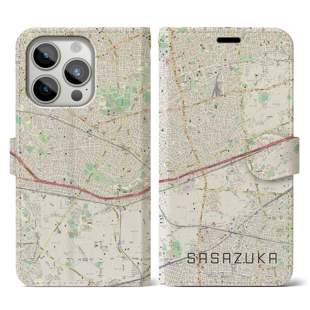 【笹塚】地図柄iPhoneケース（手帳両面タイプ・ナチュラル）iPhone 15 Pro 用