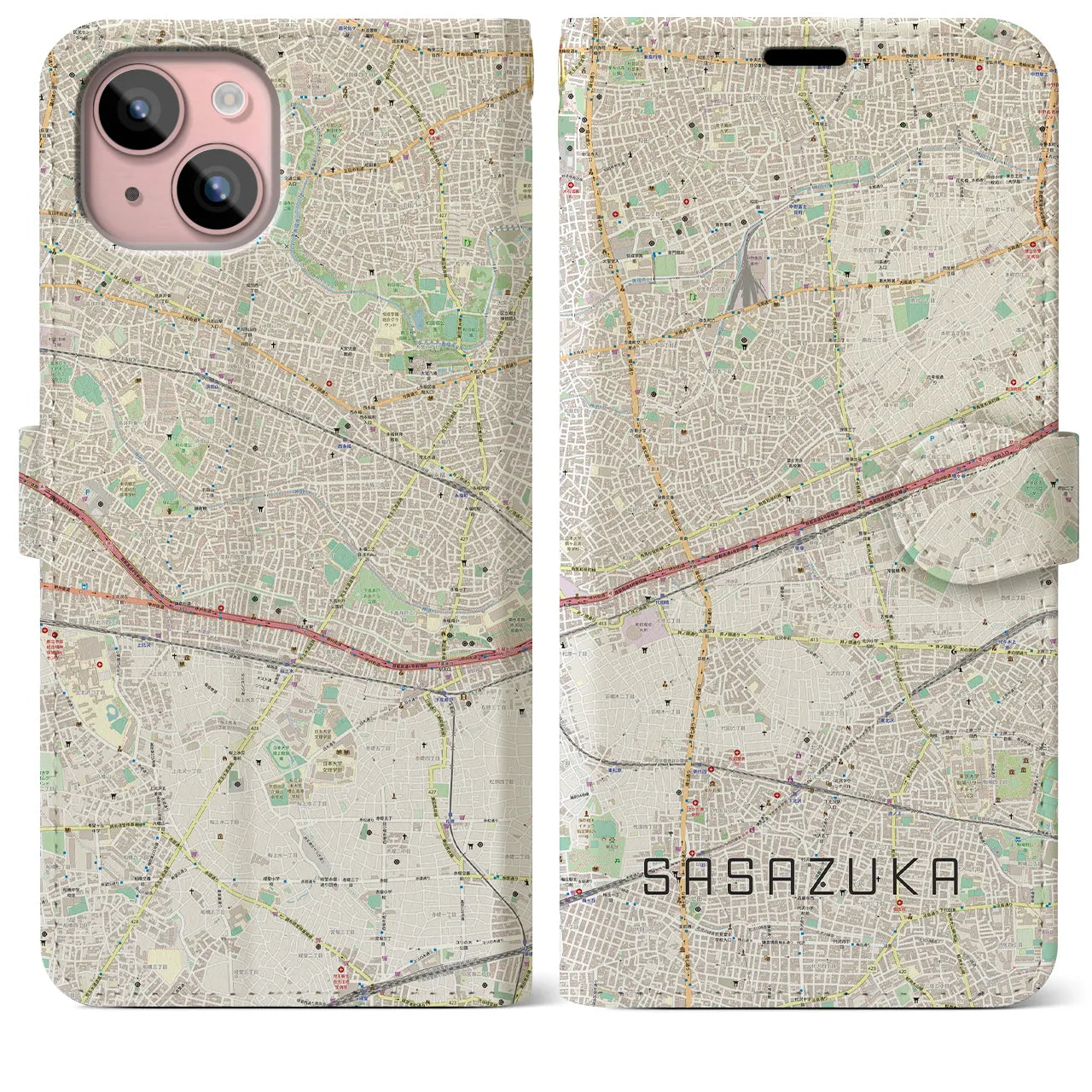 【笹塚】地図柄iPhoneケース（手帳両面タイプ・ナチュラル）iPhone 15 Plus 用
