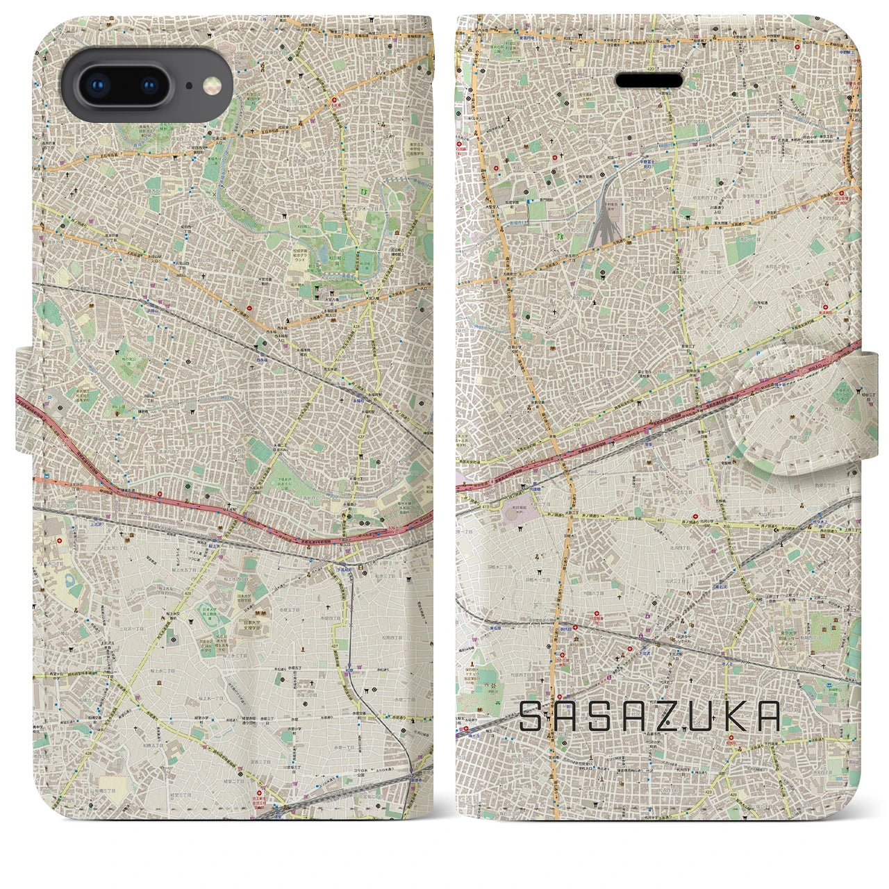 【笹塚】地図柄iPhoneケース（手帳両面タイプ・ナチュラル）iPhone 8Plus /7Plus / 6sPlus / 6Plus 用