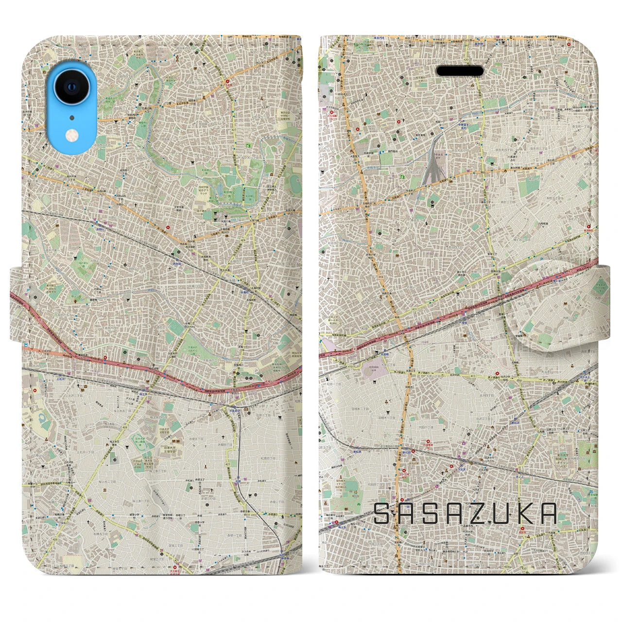 【笹塚】地図柄iPhoneケース（手帳両面タイプ・ナチュラル）iPhone XR 用