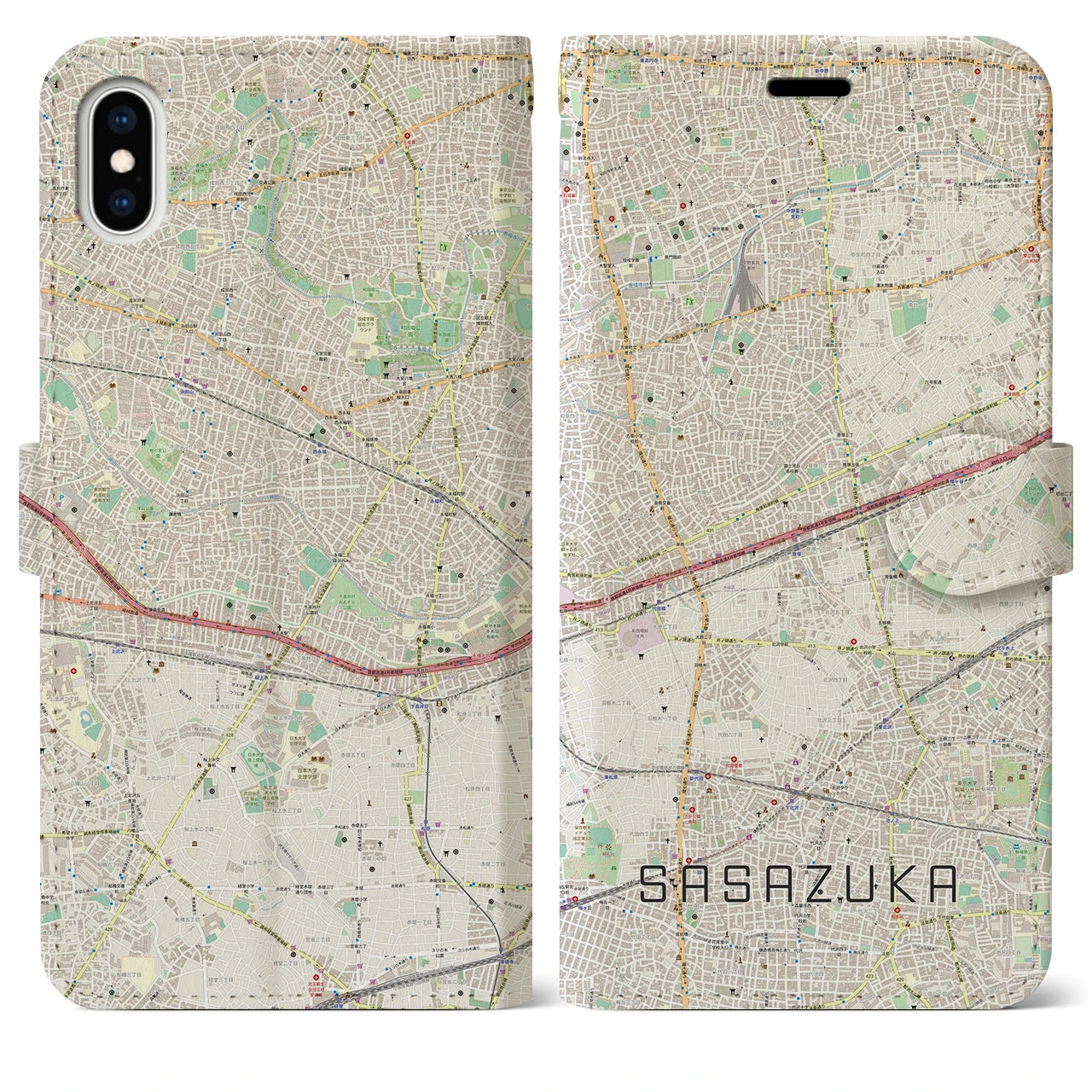 【笹塚】地図柄iPhoneケース（手帳両面タイプ・ナチュラル）iPhone XS Max 用