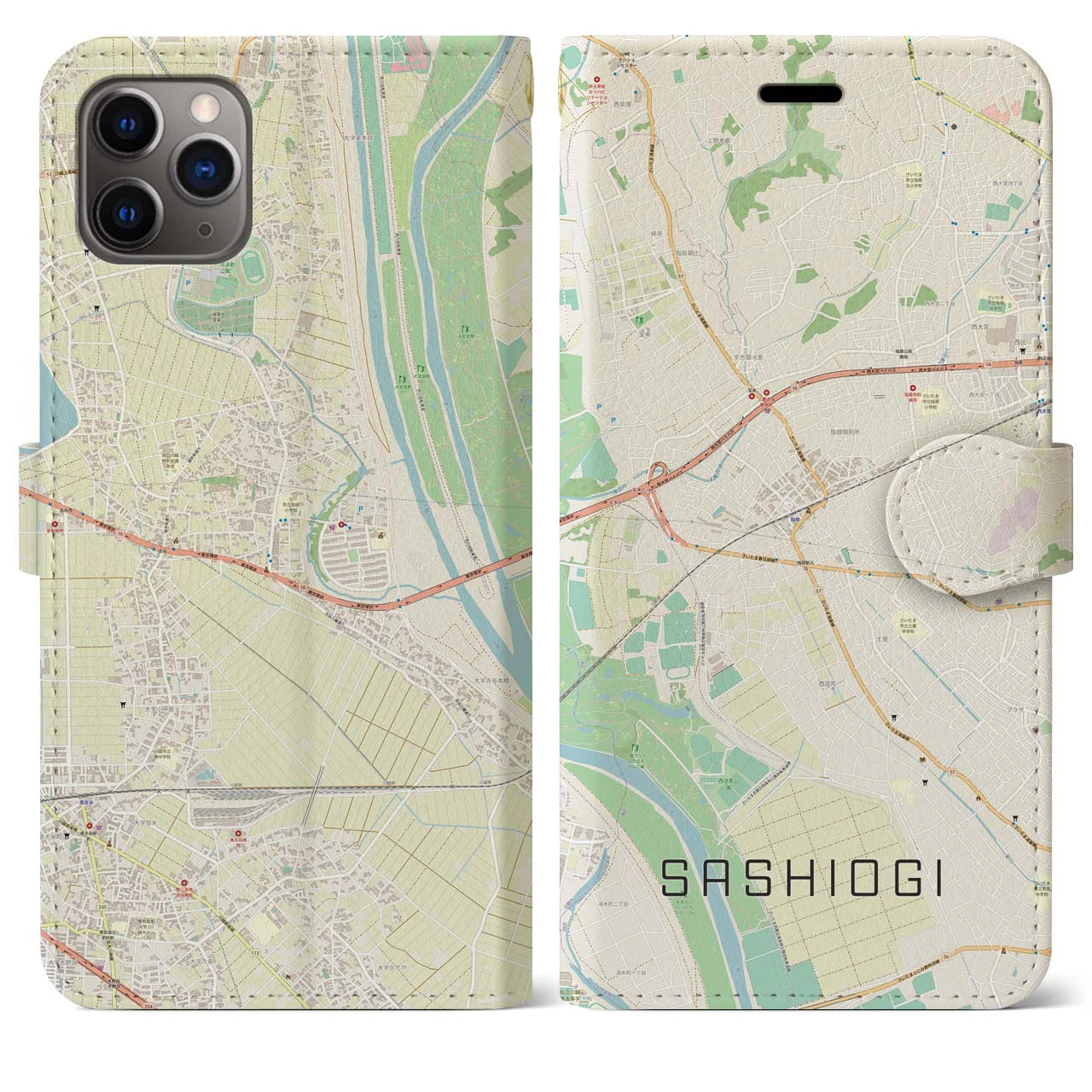 【指扇】地図柄iPhoneケース（手帳両面タイプ・ナチュラル）iPhone 11 Pro Max 用