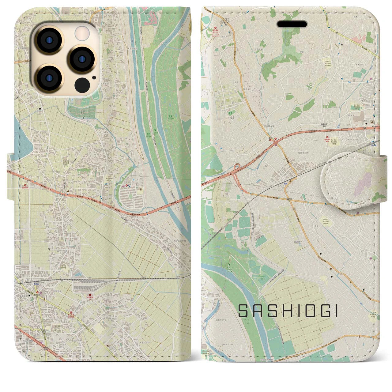 【指扇】地図柄iPhoneケース（手帳両面タイプ・ナチュラル）iPhone 12 Pro Max 用