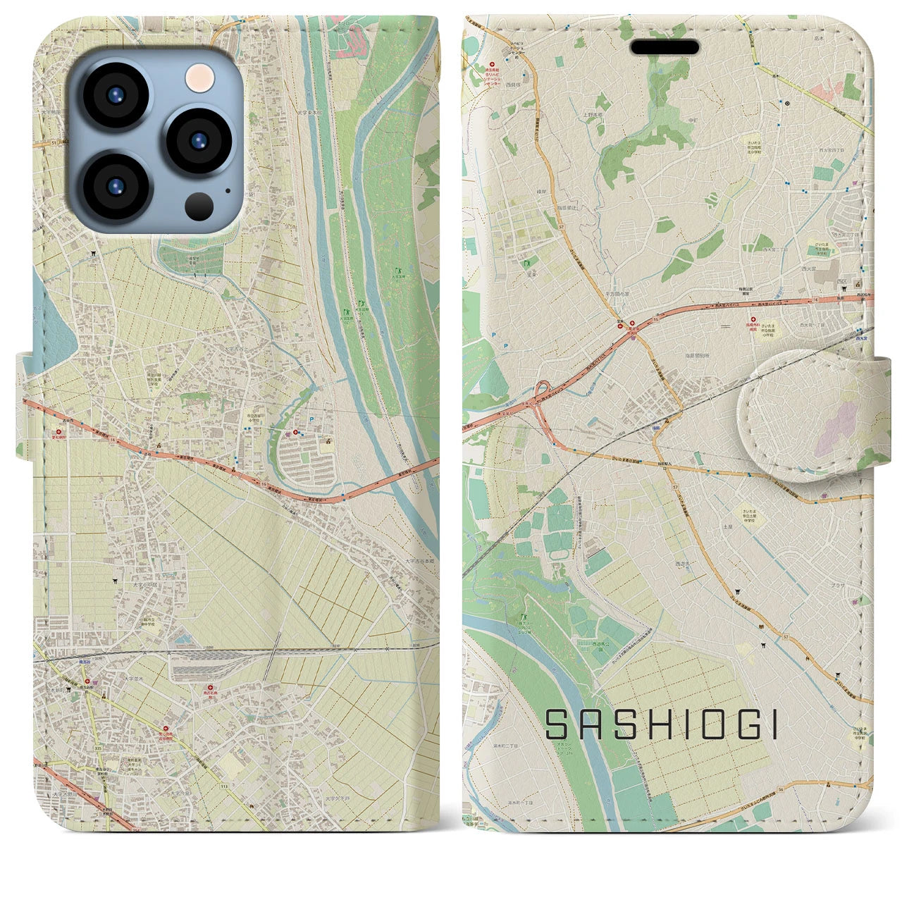 【指扇】地図柄iPhoneケース（手帳両面タイプ・ナチュラル）iPhone 13 Pro Max 用