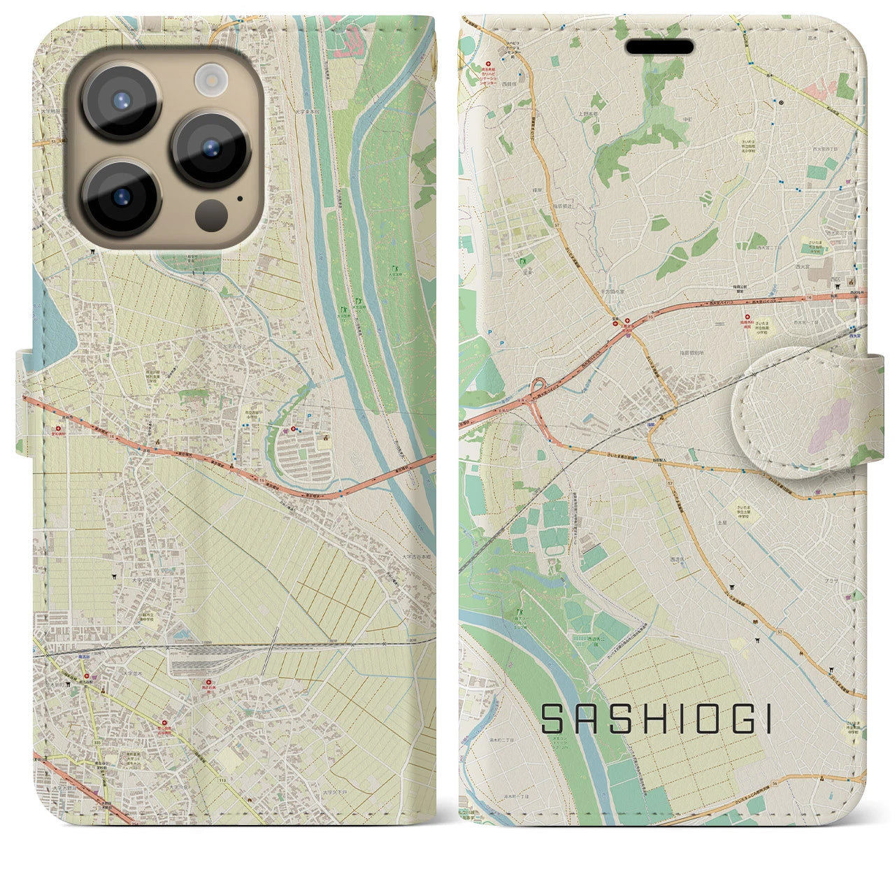 【指扇】地図柄iPhoneケース（手帳両面タイプ・ナチュラル）iPhone 14 Pro Max 用