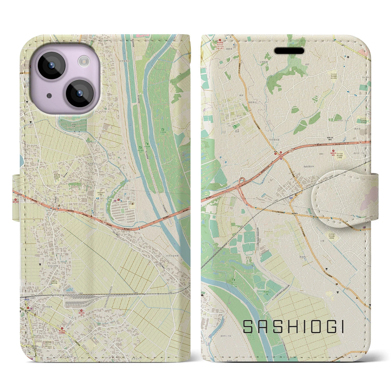 【指扇】地図柄iPhoneケース（手帳両面タイプ・ナチュラル）iPhone 14 用