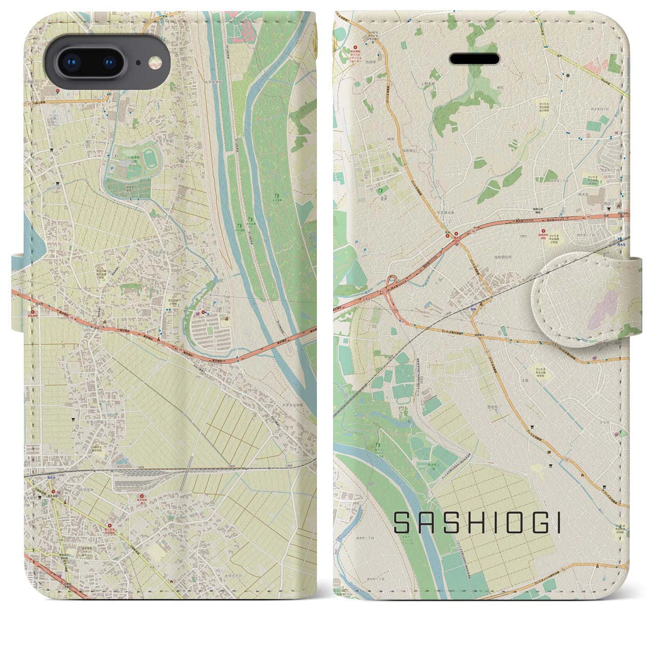 【指扇】地図柄iPhoneケース（手帳両面タイプ・ナチュラル）iPhone 8Plus /7Plus / 6sPlus / 6Plus 用