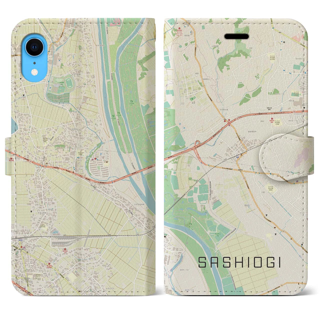 【指扇】地図柄iPhoneケース（手帳両面タイプ・ナチュラル）iPhone XR 用