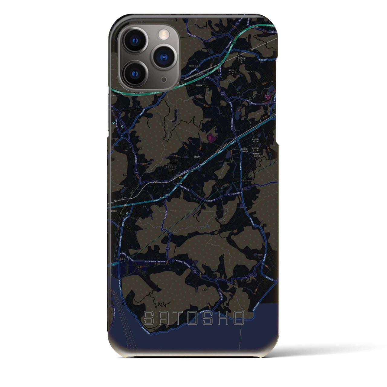 【里庄】地図柄iPhoneケース（バックカバータイプ・ブラック）iPhone 11 Pro Max 用