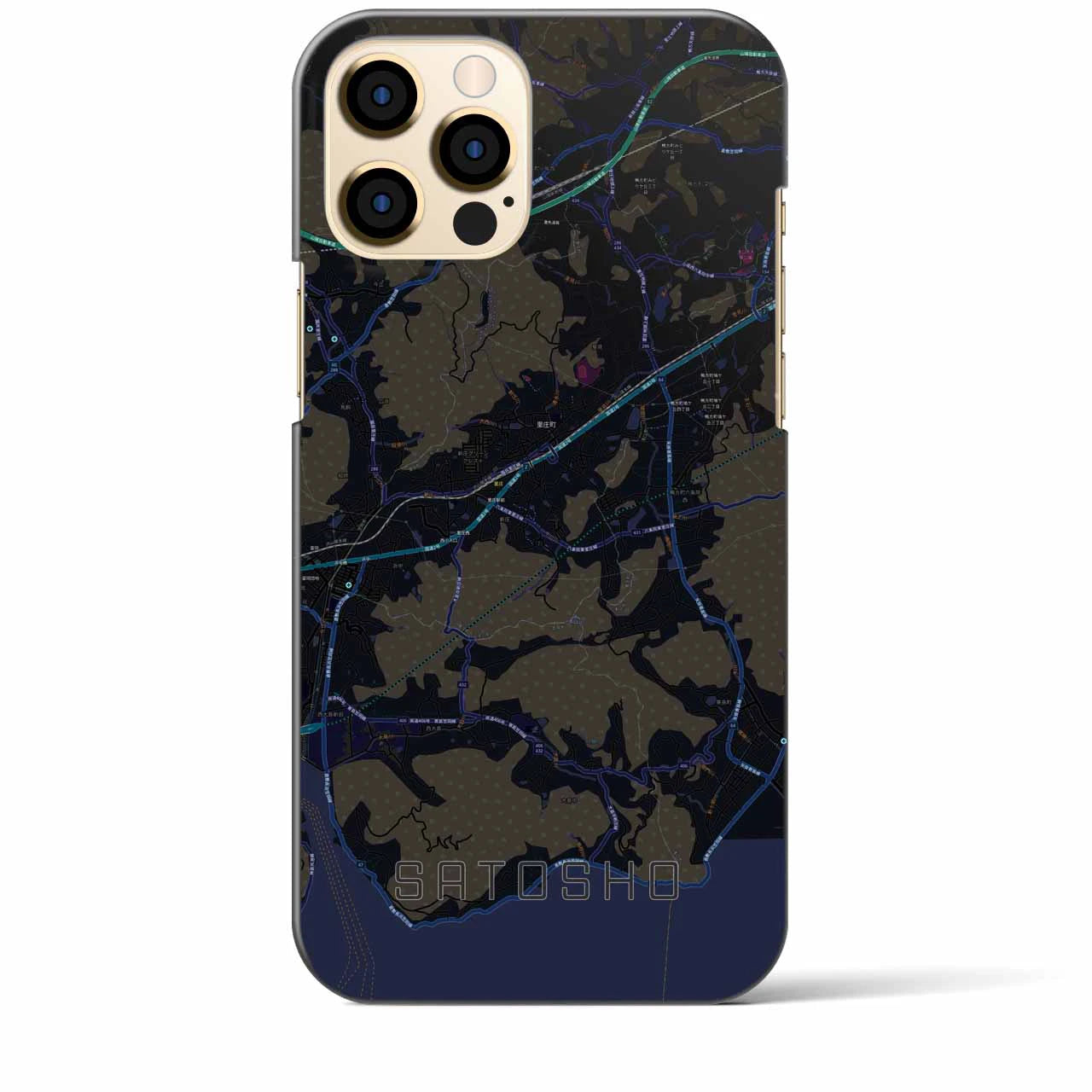 【里庄】地図柄iPhoneケース（バックカバータイプ・ブラック）iPhone 12 Pro Max 用