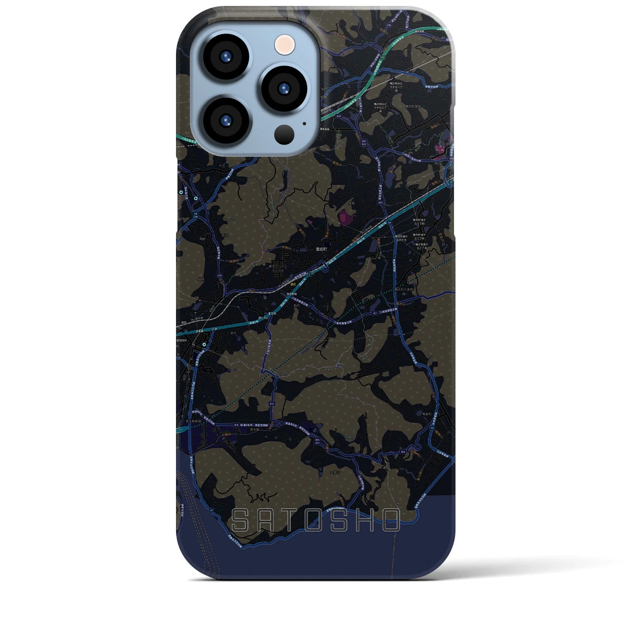 【里庄】地図柄iPhoneケース（バックカバータイプ・ブラック）iPhone 13 Pro Max 用