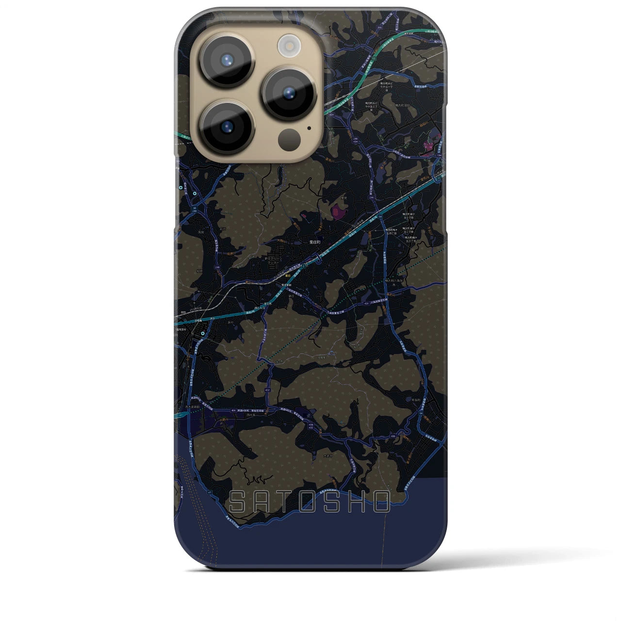 【里庄】地図柄iPhoneケース（バックカバータイプ・ブラック）iPhone 14 Pro Max 用