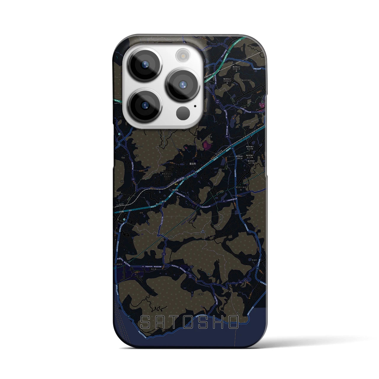 【里庄】地図柄iPhoneケース（バックカバータイプ・ブラック）iPhone 14 Pro 用