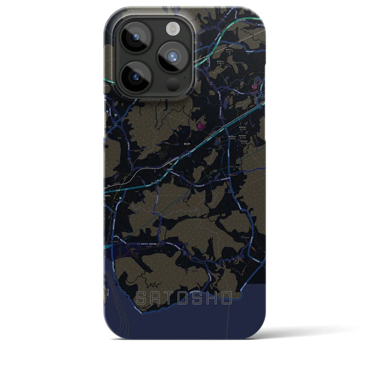 【里庄】地図柄iPhoneケース（バックカバータイプ・ブラック）iPhone 15 Pro Max 用