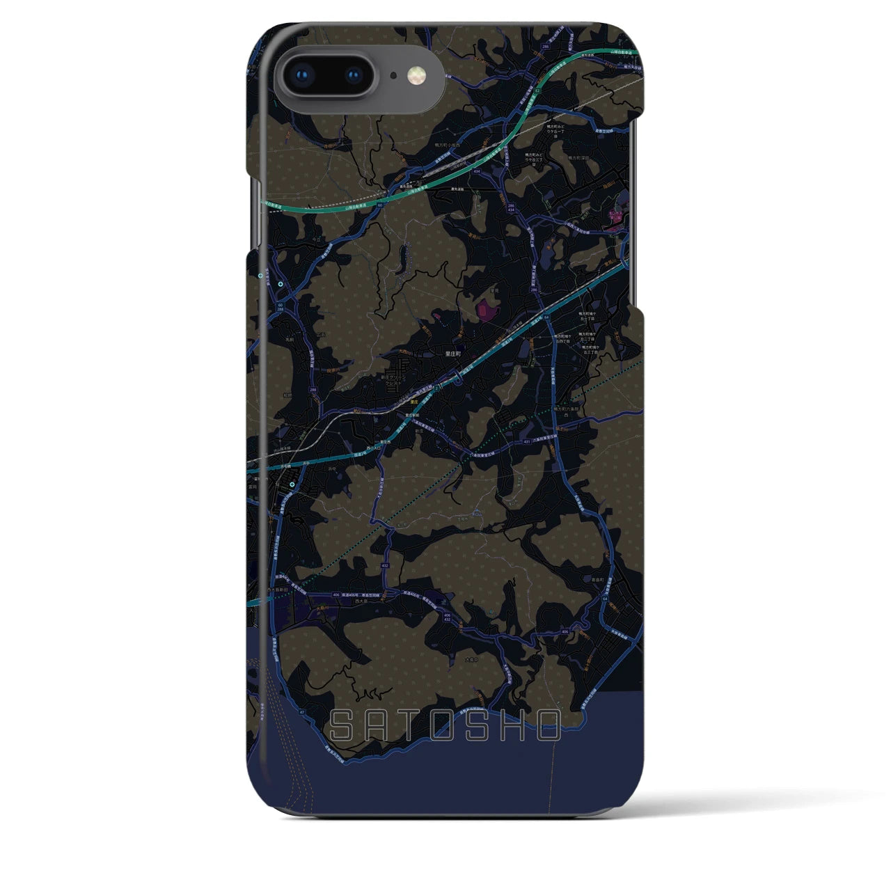 【里庄】地図柄iPhoneケース（バックカバータイプ・ブラック）iPhone 8Plus /7Plus / 6sPlus / 6Plus 用