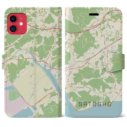【里庄（岡山県）】地図柄iPhoneケース（手帳タイプ）ナチュラル・iPhone 11 用