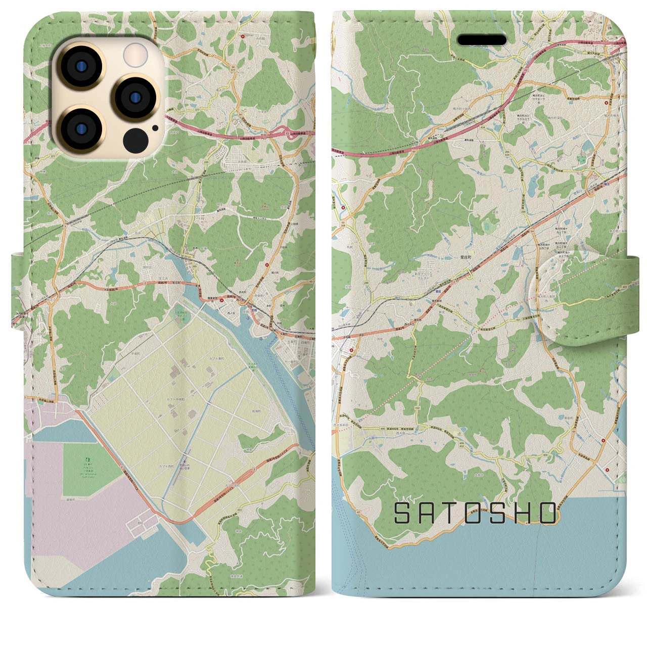 【里庄】地図柄iPhoneケース（手帳両面タイプ・ナチュラル）iPhone 12 Pro Max 用