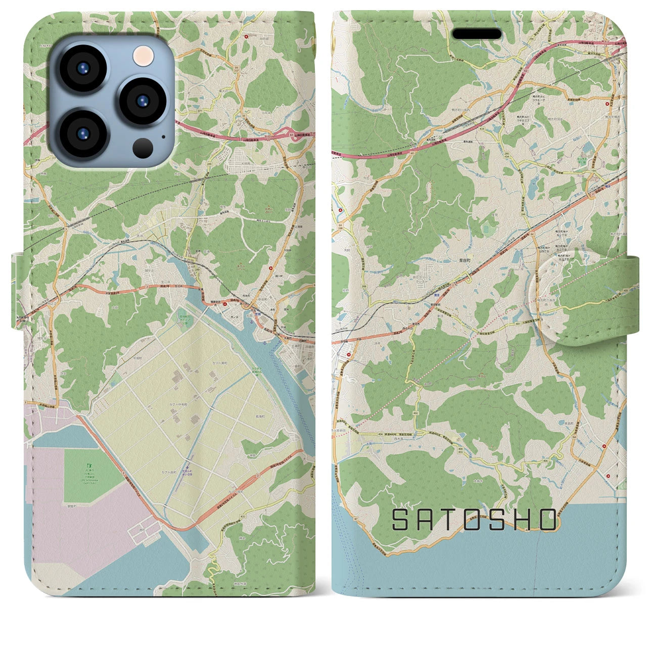 【里庄】地図柄iPhoneケース（手帳両面タイプ・ナチュラル）iPhone 13 Pro Max 用