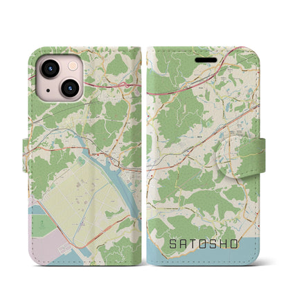【里庄（岡山県）】地図柄iPhoneケース（手帳タイプ）ナチュラル・iPhone 13 mini 用