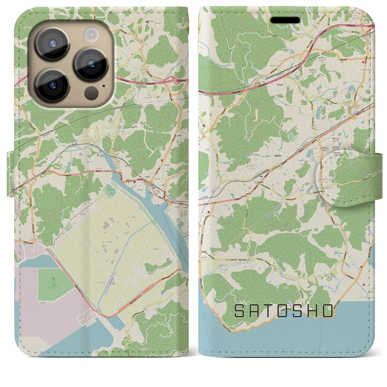 【里庄】地図柄iPhoneケース（手帳両面タイプ・ナチュラル）iPhone 14 Pro Max 用
