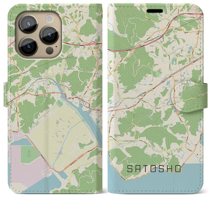 【里庄（岡山県）】地図柄iPhoneケース（手帳タイプ）ナチュラル・iPhone 14 Pro Max 用