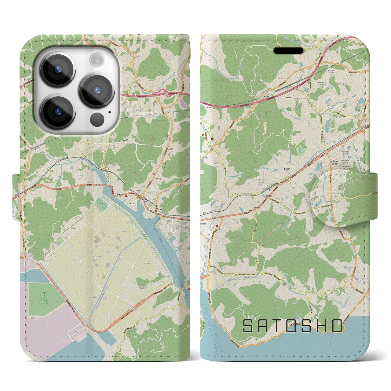 【里庄】地図柄iPhoneケース（手帳両面タイプ・ナチュラル）iPhone 14 Pro 用