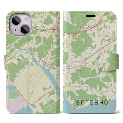【里庄（岡山県）】地図柄iPhoneケース（手帳タイプ）ナチュラル・iPhone 14 用
