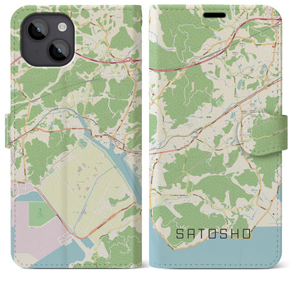 【里庄（岡山県）】地図柄iPhoneケース（手帳タイプ）ナチュラル・iPhone 14 Plus 用