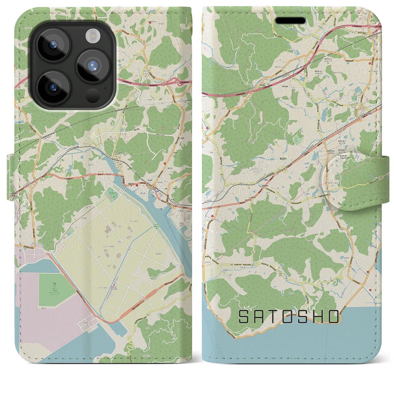 【里庄】地図柄iPhoneケース（手帳両面タイプ・ナチュラル）iPhone 15 Pro Max 用