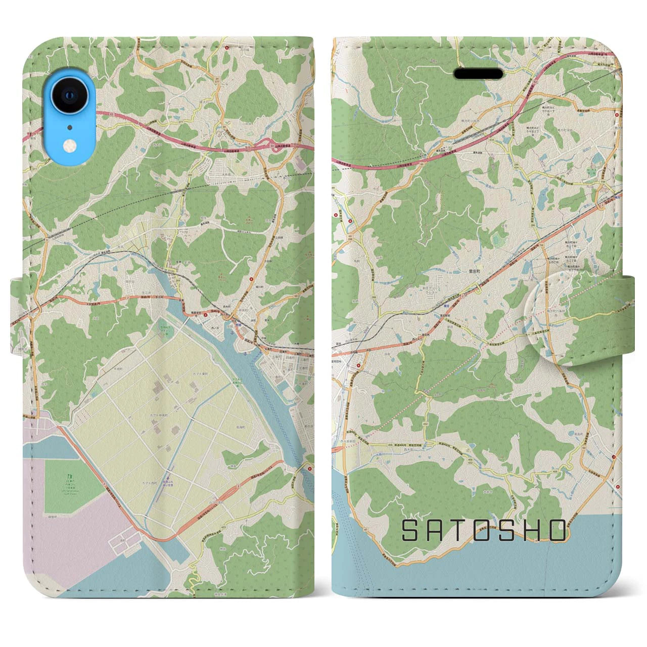 【里庄】地図柄iPhoneケース（手帳両面タイプ・ナチュラル）iPhone XR 用