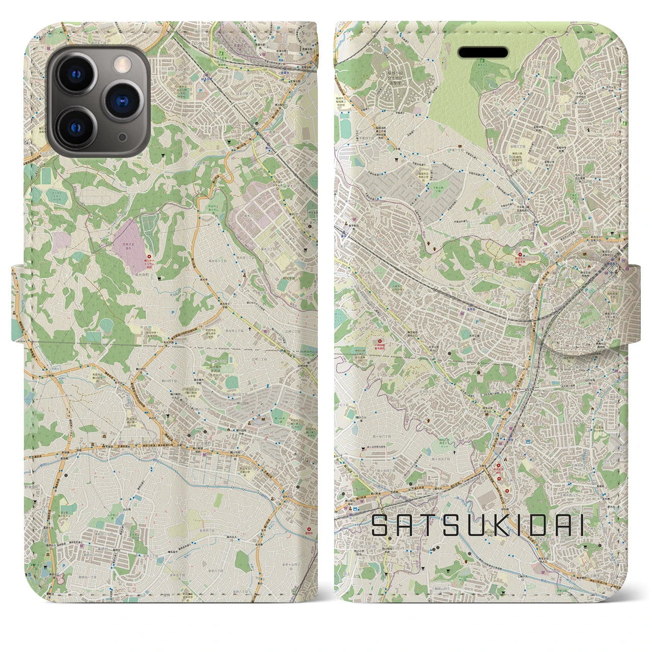【五月台】地図柄iPhoneケース（手帳両面タイプ・ナチュラル）iPhone 11 Pro Max 用