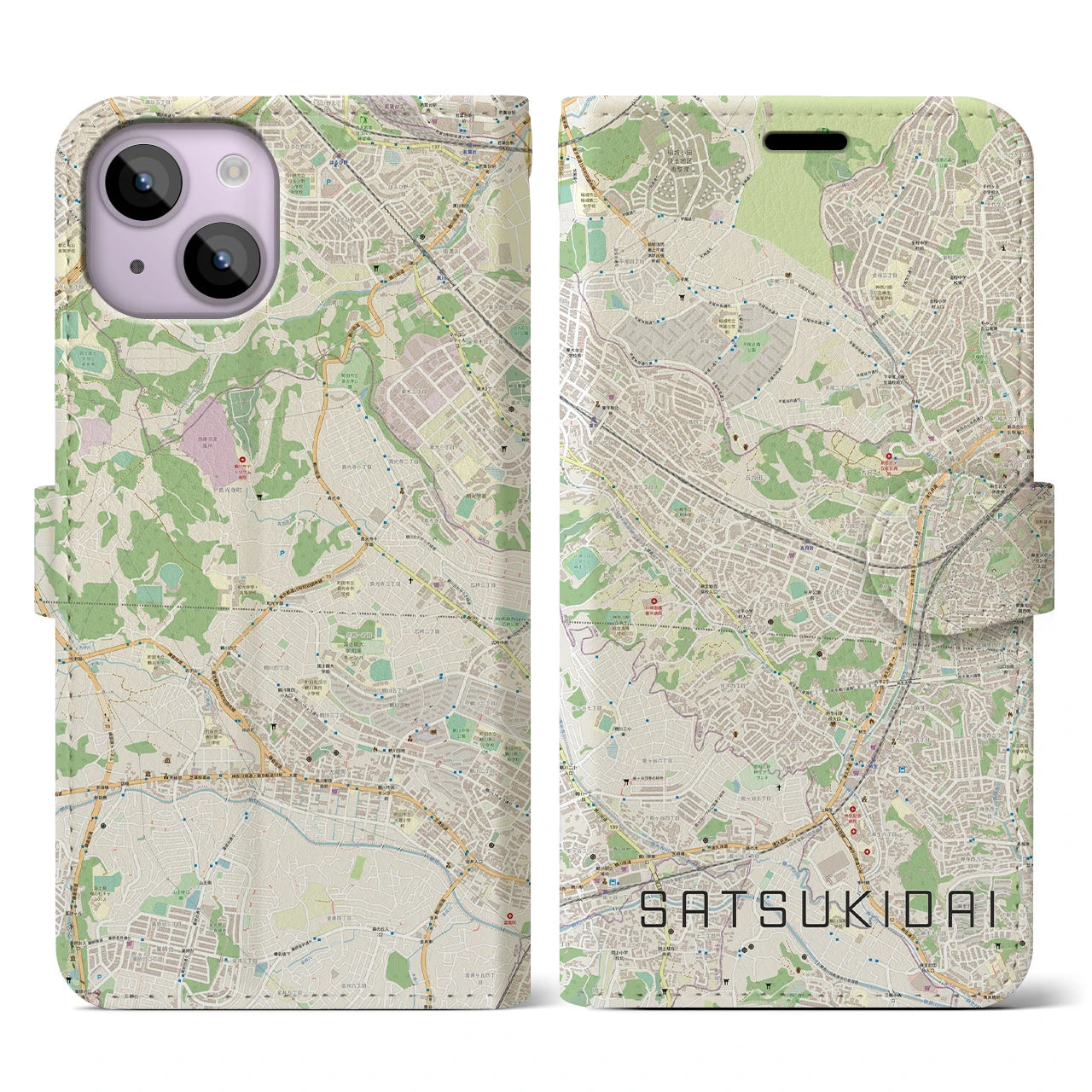 【五月台】地図柄iPhoneケース（手帳両面タイプ・ナチュラル）iPhone 14 用