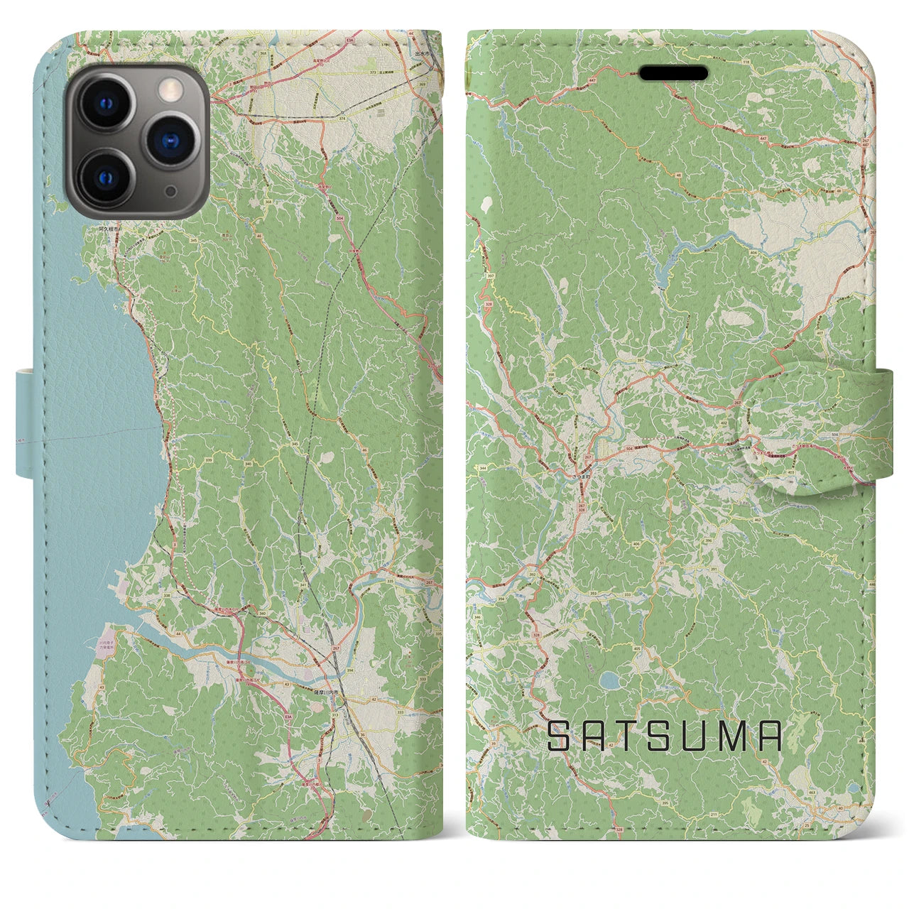 【さつま】地図柄iPhoneケース（手帳両面タイプ・ナチュラル）iPhone 11 Pro Max 用