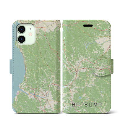 【さつま（鹿児島県）】地図柄iPhoneケース（手帳タイプ）ナチュラル・iPhone 12 mini 用