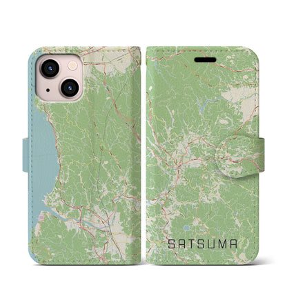 【さつま（鹿児島県）】地図柄iPhoneケース（手帳タイプ）ナチュラル・iPhone 13 mini 用
